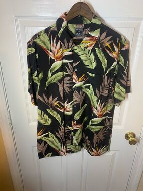 Todd Snyder Black Hawaiian Shirt with Green and Brown Tropical Print